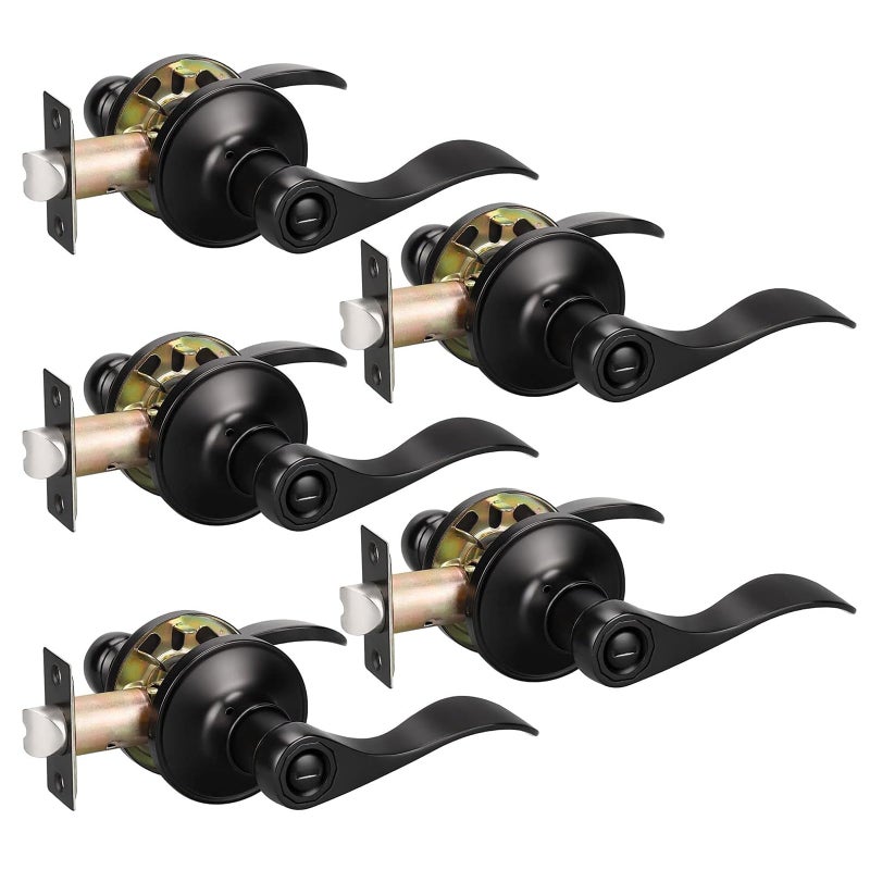 KNOBWELL 5 Pack Keyless Privacy Door Lever Door Handle Bedroomm/Bathroom Door Lock Lockset Matte Black Finish Door Lever, Interior Door Use - Image 1